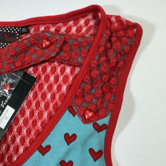 Voodoo Vixen XL NWT Aqua Red Heart Print Retro Pinup Dress Pockets - Picture 2 of 12
